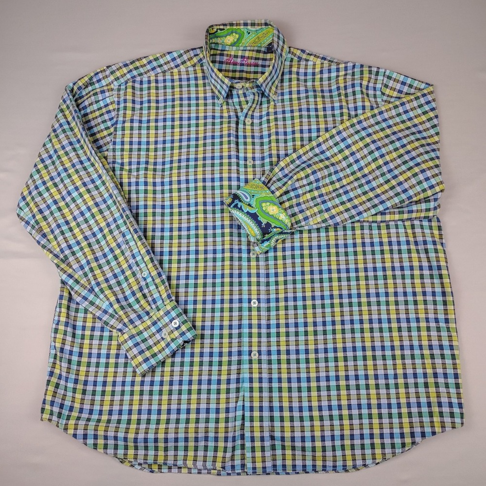 Alan Flusser Men's XL Flip Cuff Shirt Multicolor Check Paisley 100% Cotton L/S